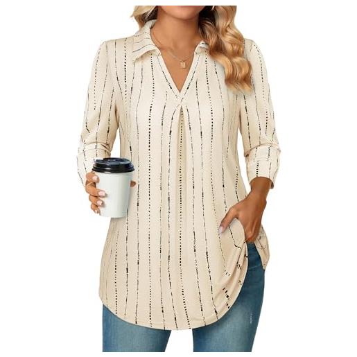 Siddhe camicia da donna con scollo a v, maniche a 3/4, casual, a maniche lunghe, collana beige, xxl