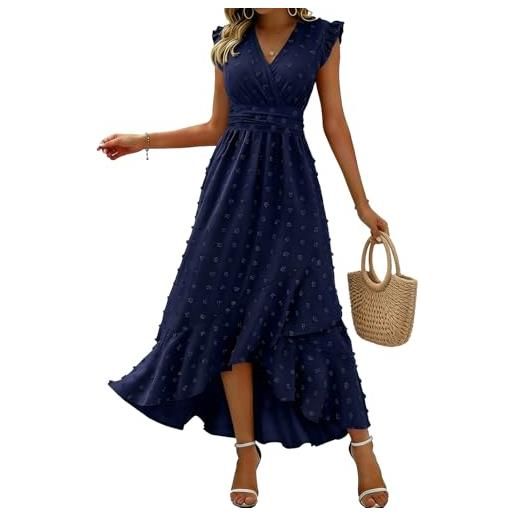 KUNJLELP vestito da donna con scollo a v elegante manica corta plissettato vita alta abito da spiaggia vacanza estivi