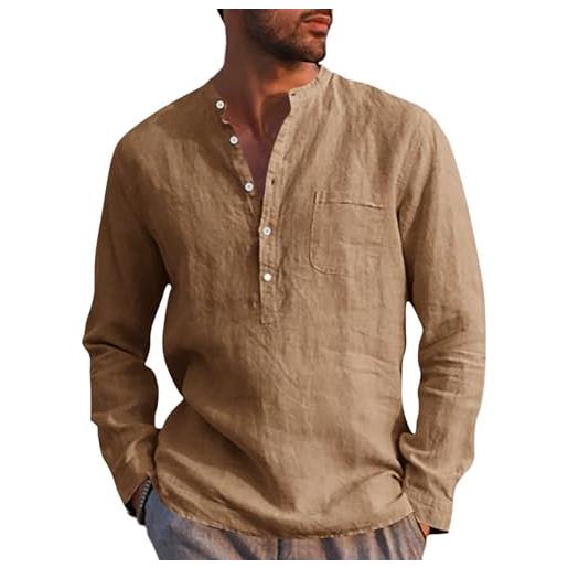 Runcati camicia da uomo in lino a maniche lunghe in cotone e lino camicia casual da uomo vestibilità regolare camicia estiva da spiaggia, marrone, l