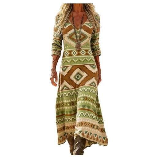Udbeksid vestito lungo donna estivo boho v maniche lunghe abito elegante vintage stampa casual vestiti maxi spiaggia linea ad a comodo primavera con tasche per spiaggia mare vacanza 2026