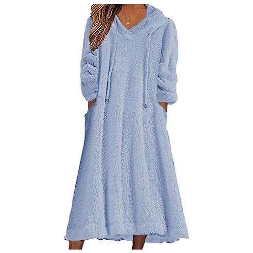 shownicer abito felpato in pile donna vestito elegante lungo felpa con cappuccio manica lunga tinta unita abito super spessore caldo hoodie con tasche a blu xxl