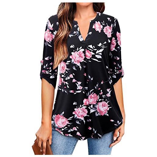 Siddhe camicetta da donna con scollo a v, maniche a 3/4, tops a tunica, longshirt casual, t-shirt a maniche lunghe, xxl