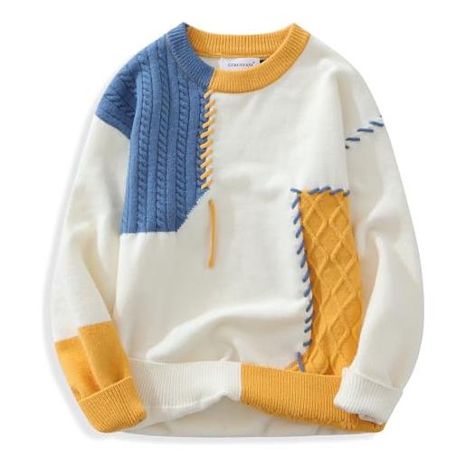 Gurunvani - maglione patchwork da uomo, pullover colorblock, maglia intrecciata, taglia grande, giallo. , xxl