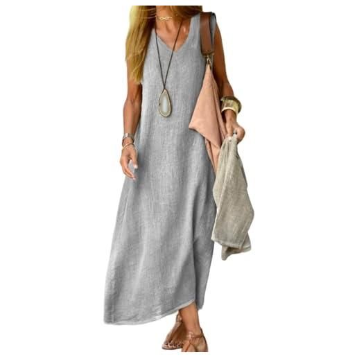 Juketron 2024 abiti estivi donna scollo a v senza maniche canotta abito lungo tinta unita abiti da spiaggia in lino di cotone abito estivo allentato casual