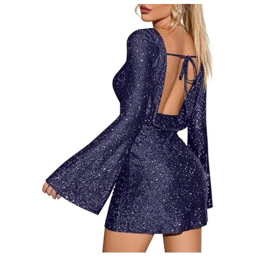 nicticsi abito da donna a maniche lunghe con paillettes classico mini abiti da sera corto elegante vestito senza schienale per feste e cocktail a blu xl