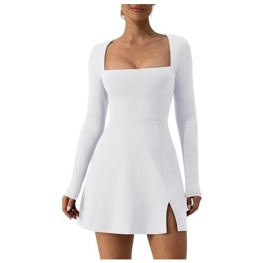TANMESSO mini abito da donna elegante con scollo quadrato a maniche lunghe e spacco laterale, bianco, l