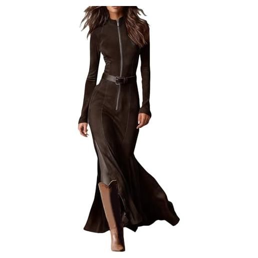 Generico abito maxi in camoscio retro western donna - elegante patchwork con cerniera bordo cowgirl maniche lunghe minivestito monocolore stile chic