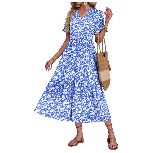 AUSELILY vestito lungo estivo donna manica corta a volant scollo v vestito da mare spiaggia lungo abito casual elegante con tasche fiori blu e bianchi l