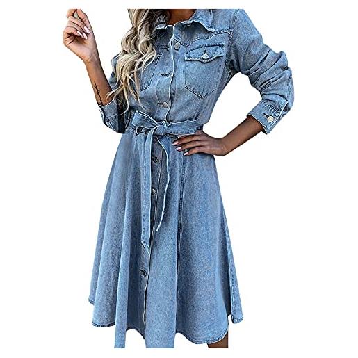 Generic abito da donna a maniche lunghe, elegante, in jeans, estivo, lunghezza al ginocchio, con cintura, stile vintage, linea ad a, per feste, feste, in denim, blu, s