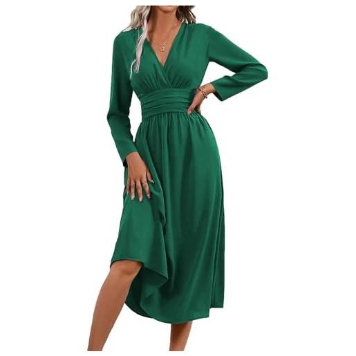 QUNERY abito donna autunno/estivo manica lunghe/corta vestiti vita alta a line abiti scollo a v elegante vestito estivi lunghi casual abito spiaggia b-verde xl