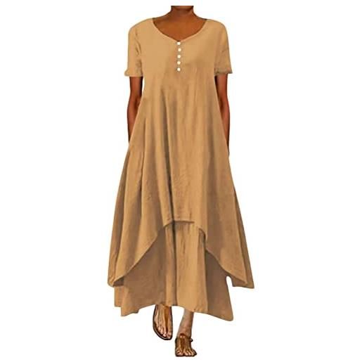 ORANDESIGNE abito lungo donna cotone e lino caftano boho abito ampio casual moda manica lunga scollo a v abiti lunghi vestito estivo taglie forti eleganti vestiti 2 in 1 maxi abito b cachi xl
