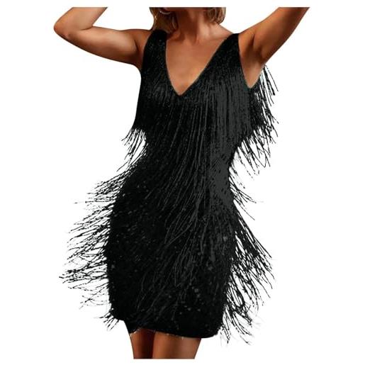 RUMAOZIA abito da sera da donna anni '20, abito da cocktail, abito sexy da ballo di fine anno, con paillette, nero, frange, nappa, senza maniche, per feste, anni '20