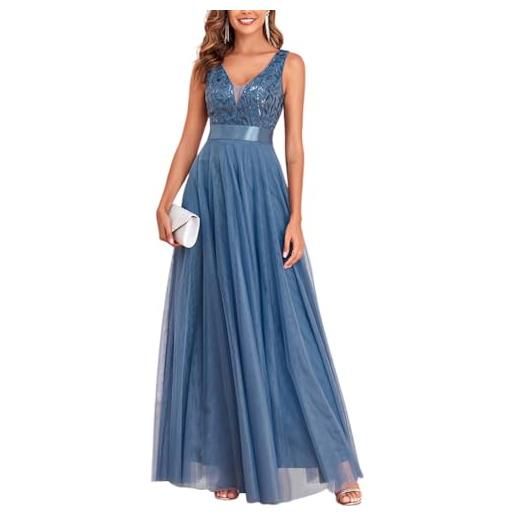 ORANDESIGNE vestito da sera elegante donna lungo vestiti paillettes in tulle chiffon abito damigella d'onore vita alta formale maxi abiti da cerimonia linea ad a stile impero a blu l