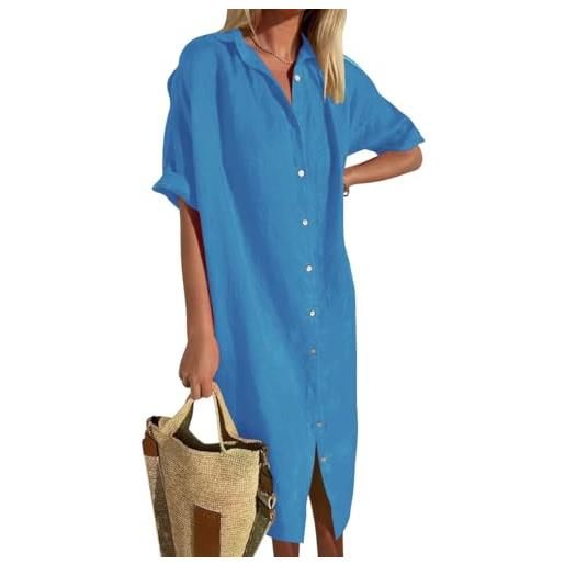 shownicer vestiti donna estivi abito in lino scollo a v manica corta vestiti casual tinta unita vestito lunga camicia vestiti da spiaggia midi dress a blu l