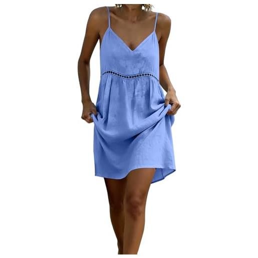 Generic completo donna elegante cerimonia - vestito donna estivo corto in cotone lino, scollo a v con spalline sottili, tinta unita, abito casual prendisole leggero per mare vacanza spiaggia