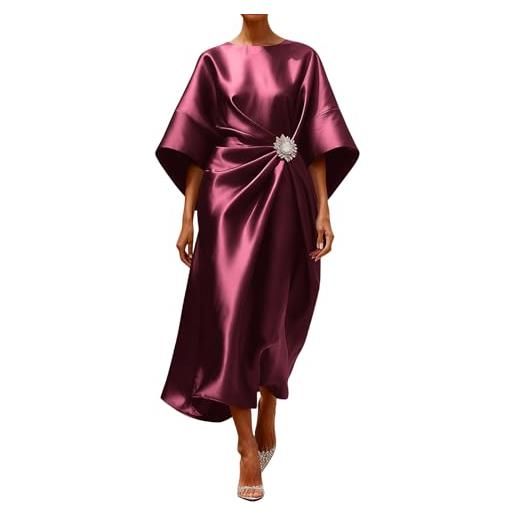GMQWRK abito midi da donna in raso a mezza manica moderno alla moda con maniche a pipistrello increspato con spilla di cristallo staccabile elegante abito casual in seta per matrimoni, cocktail, feste
