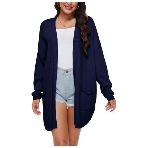 BERESIA cardigan aperto in cotone 100% per donna con tasche, maniche lunghe, morbido, oversize, maglione casual da donna, blu navy, xxl