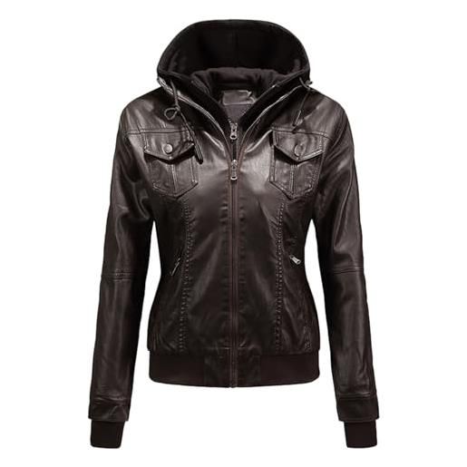 Generisch giacca invernale da donna, per le mezze stagioni, per l'autunno/inverno, in pelle, con cappuccio, rimovibile, imbottita, giacca da moto