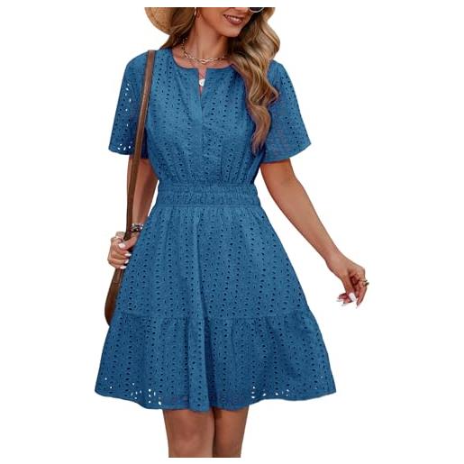 Svanco vestito donna in cotone, abito estivo donna elegante con scollo a v e motivo traforato, abito cerimonia donna per matrimonio in spiaggia, casual, feste e vita quotidiana