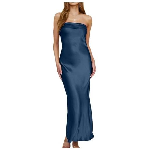 xxxiticat abito lungo da donna con schiena scoperta, in raso, elegante, senza spalline, per ospiti di nozze, blu, s
