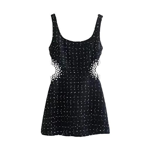 QINKO moda donna con perline di perle mini abito in tweed scavato abiti femminili con spalline larghe con cerniera senza schienale vintage