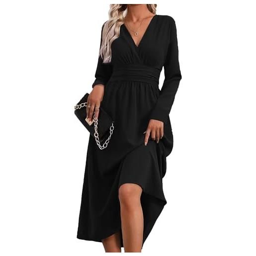 QUNERY abito donna autunno/estivo manica lunghe/corta vestiti vita alta a line abiti scollo a v elegante vestito estivi lunghi casual abito spiaggia b-nero s