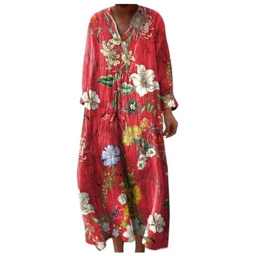 Generico vestito lino donna primavera abito lungo boho chic scollo a v maniche lunghe, maxi abito floreale vintage con tasche mare spiaggia vacanza taglie forti curvy elegante moda 2026 chic
