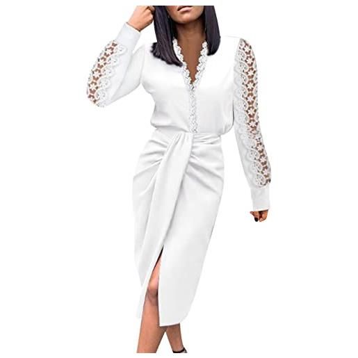 Fulidngzg vestito donna elegante scollo v con maniche lunghe a pizzo vestiti eleganti push up stringivita curvy abito lunghi casual invernale per sera cerimonia capodanno lavoro, bianco, s