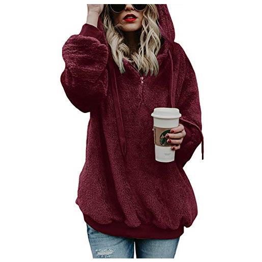 iWoo - felpa da donna con cappuccio in pile teddy, per autunno, inverno, calda, a maniche lunghe, tinta unita, casual