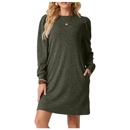 PrinStory vestito pullover donna maniche lunghe abiti casual girocollo abito in maglia con tasche autunno inverno, verde militare, xl
