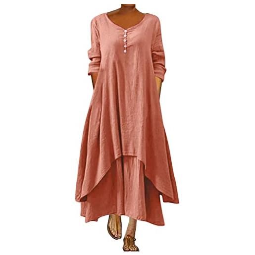 ORANDESIGNE abito lungo donna cotone e lino caftano boho abito ampio casual moda manica lunga scollo a v abiti lunghi vestito estivo taglie forti eleganti vestiti 2 in 1 maxi abito a rosa xxl