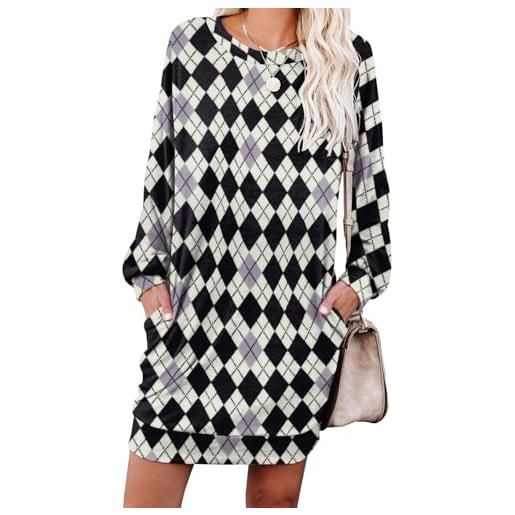 PrinStory - abito da donna in pullover, abito casual con scollo rotondo, in felpa con tasche, l