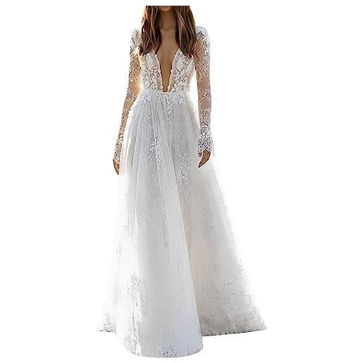 generic abito da sposa da donna, lungo, in tulle, bianco, maxi abito in tulle, a maniche lunghe, scollo a v, in pizzo, per feste, cocktail, carnevale