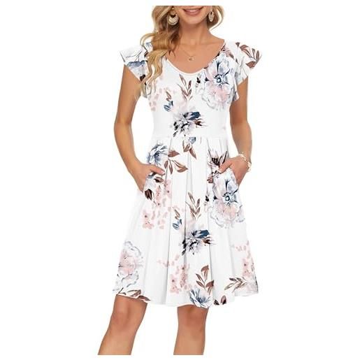 PLOKNRD donna abito estivo scollo a v abito a maniche corte a petalo e tasche gonna da spiaggia casual al ginocchio fiori bianchi tutto l