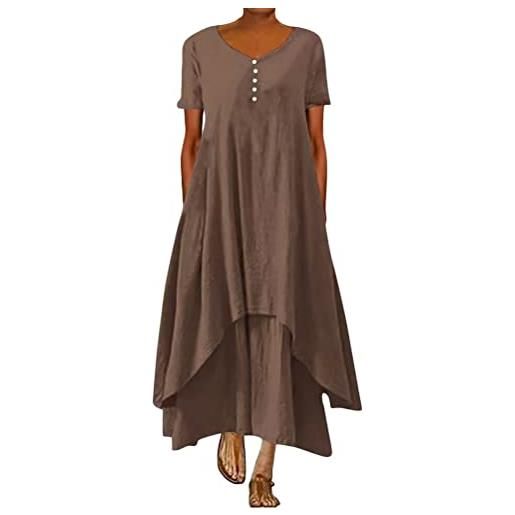 ORANDESIGNE abito lungo donna cotone e lino caftano boho abito ampio casual moda manica lunga scollo a v abiti lunghi vestito estivo taglie forti eleganti vestiti 2 in 1 maxi abito b marrone l