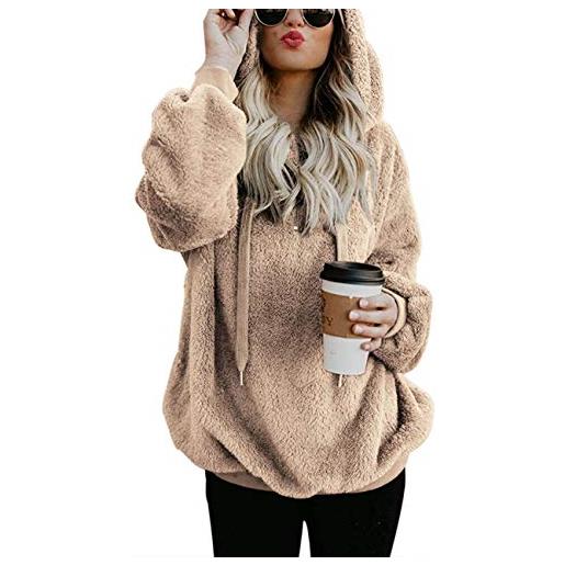 iWoo - felpa da donna con cappuccio in pile teddy, per autunno, inverno, calda, a maniche lunghe, tinta unita, casual