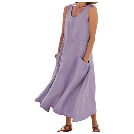 Generico abiti estivi da donna 2025, maxi dress senza maniche in cotone e lino, casual largo monocromatico taglie forti con tasche (purple, l)