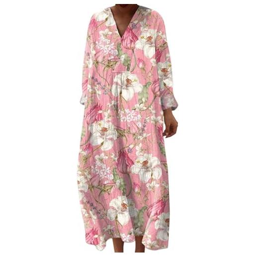 Generico abito lungo donna boho chic in lino scollo a v maniche lunghe, vestito maxi floreale vintage con tasche per spiaggia mare vacanza primavera taglie forti comodo elegante 2026