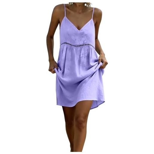 Generic abiti donna curvy - vestito donna estivo corto in cotone lino, scollo a v con spalline sottili, tinta unita, abito casual prendisole leggero per mare vacanza spiaggia