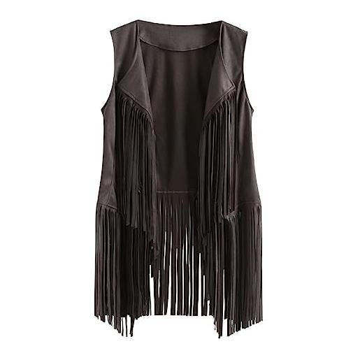 Yurosiay gilet da donna in finta pelle scamosciata con frange - stile etnico, vintage, senza maniche, lungo, da motociclista - rosso, s