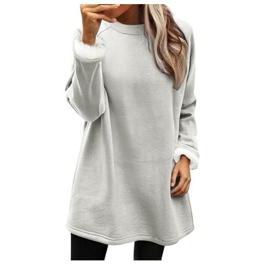 Generico felpa donna foderata in pile senza cappuccio, pullover oversize morbido e caldo per inverno, maglia casual a manica lunga girocollo tinta unita