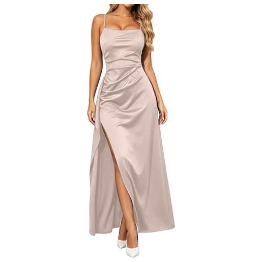 Generico abito da cerimonia donna vestito dresses matrimonio abito da donna in raso con spalline sottili vestiti con spacco elegante sottile vestito festa lungo vestiti partito banchetto (03-beige, l)