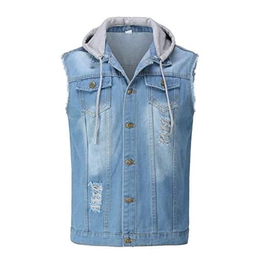 YOUTHUP uomo gilet denim con cappuccio vintage strappato gilet biker senza maniche gilet denim, 2207 blu, m