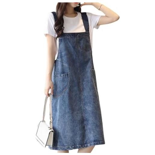 LIUYUYOUGO vestiti casual da donna vestito scamiciato in denim per donna lungo tasca con cuciture salopette in denim blu salopette in jeans lavata vintage midi gonna estate casuale largo senza manic