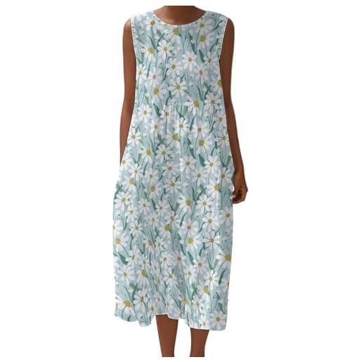 Generico vestito donna lungo estivo in lino boho chic - abito senza maniche scollo a rond con tasche, elegante stampa floreale casual per mare spiaggia vacanza, comodo taglie forti