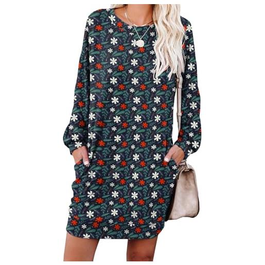 PrinStory - abito da donna in pullover, abito casual con scollo rotondo, in felpa con tasche, l