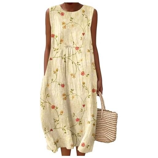 Mfhmom vestito mussola donna con pieghe in lino abito estivo boho con scollo rotondo stampa floreale vintage lunghezza al ginocchio abiti da spiaggia senza maniche vestiti leggero e traspirante