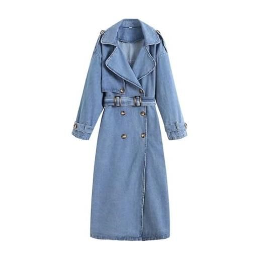 Generic trench vintage da donna in denim con risvolto dentellato doppio petto giacca lunga in jeans con cintura