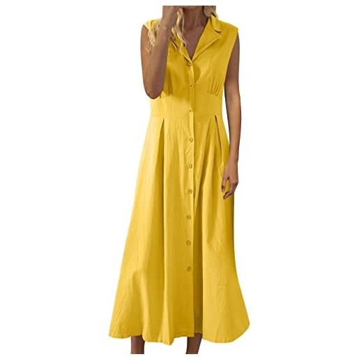 LOIJMK abito da donna in cotone e lino, senza maniche, con bottoni, per il tempo libero, stile bohémien, giallo. , 3xl