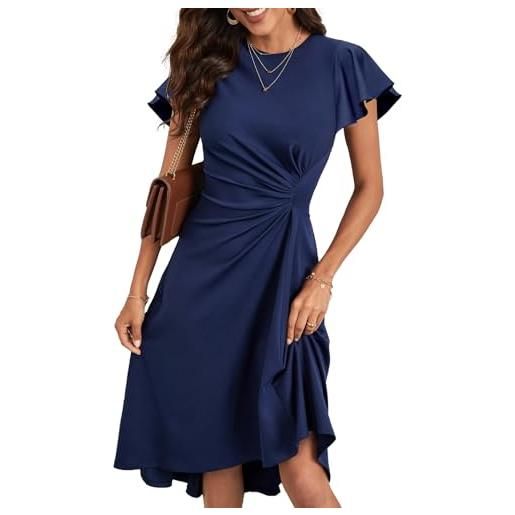 KUNJLELP vestito donna elegante manica corta abito linea a vita alta midi abiti tinta unita estivo vestiti da cerimonia per festa cocktail, blu, xl